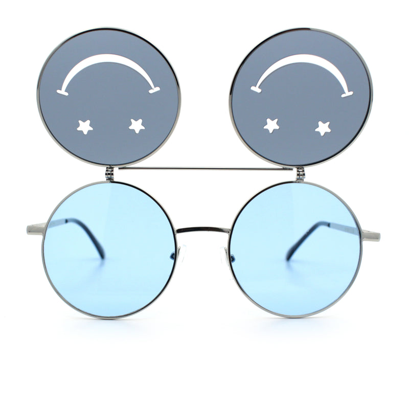 Retro Smiley Face Double Flip Up Round Circle Lens Hippie Sunglasses