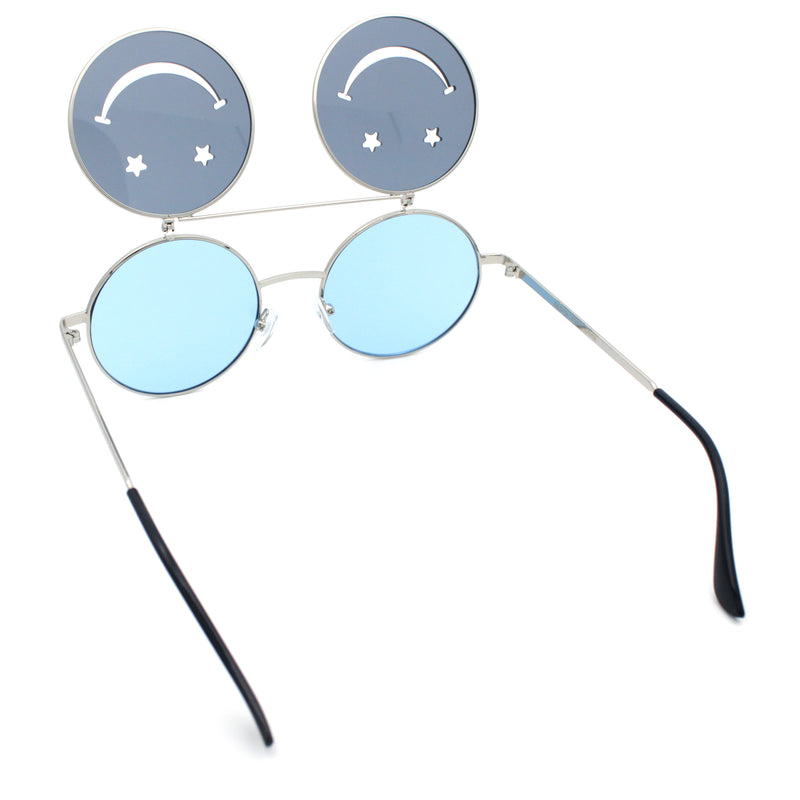 Retro Smiley Face Double Flip Up Round Circle Lens Hippie Sunglasses