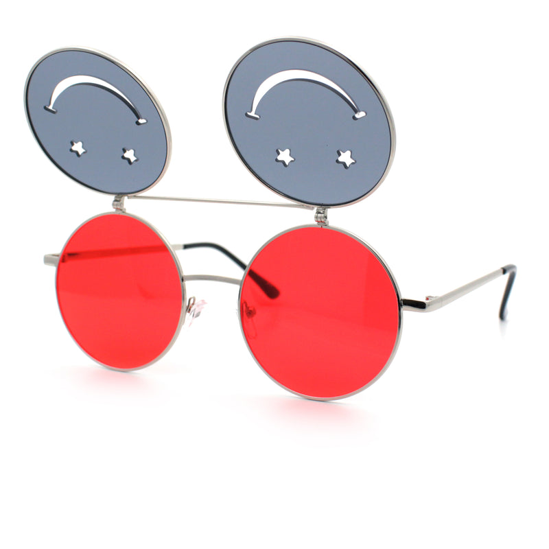 Retro Smiley Face Double Flip Up Round Circle Lens Hippie Sunglasses