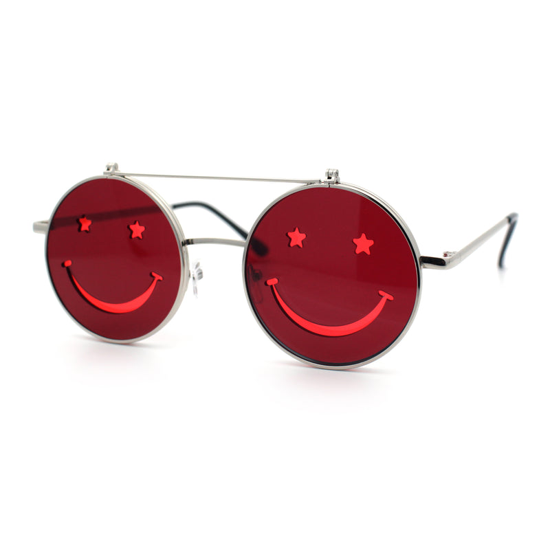 Retro Smiley Face Double Flip Up Round Circle Lens Hippie Sunglasses