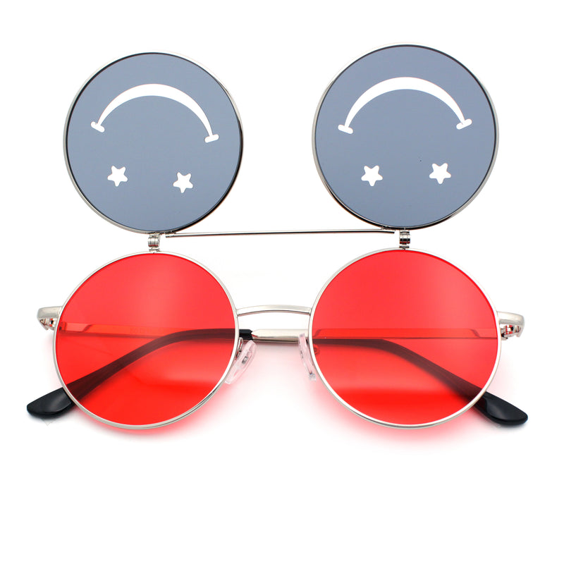 Retro Smiley Face Double Flip Up Round Circle Lens Hippie Sunglasses