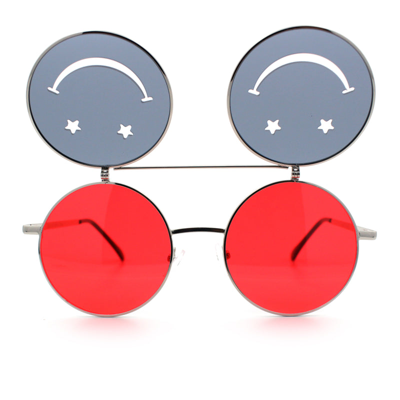 Retro Smiley Face Double Flip Up Round Circle Lens Hippie Sunglasses