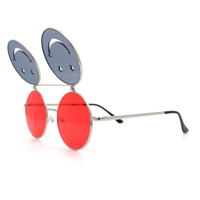 Retro Smiley Face Double Flip Up Round Circle Lens Hippie Sunglasses