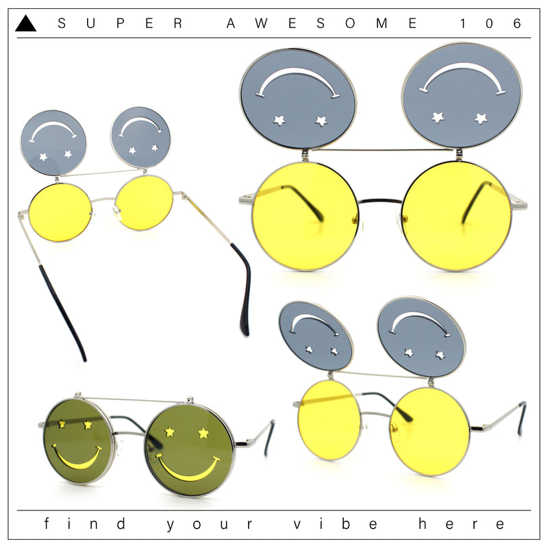 Retro Smiley Face Double Flip Up Round Circle Lens Hippie Sunglasses