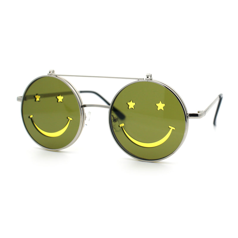 Retro Smiley Face Double Flip Up Round Circle Lens Hippie Sunglasses