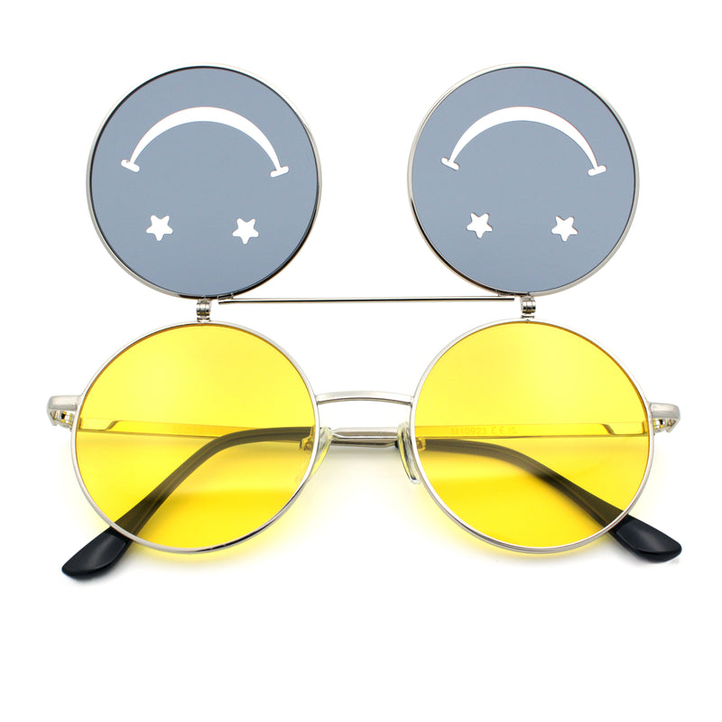 Retro Smiley Face Double Flip Up Round Circle Lens Hippie Sunglasses