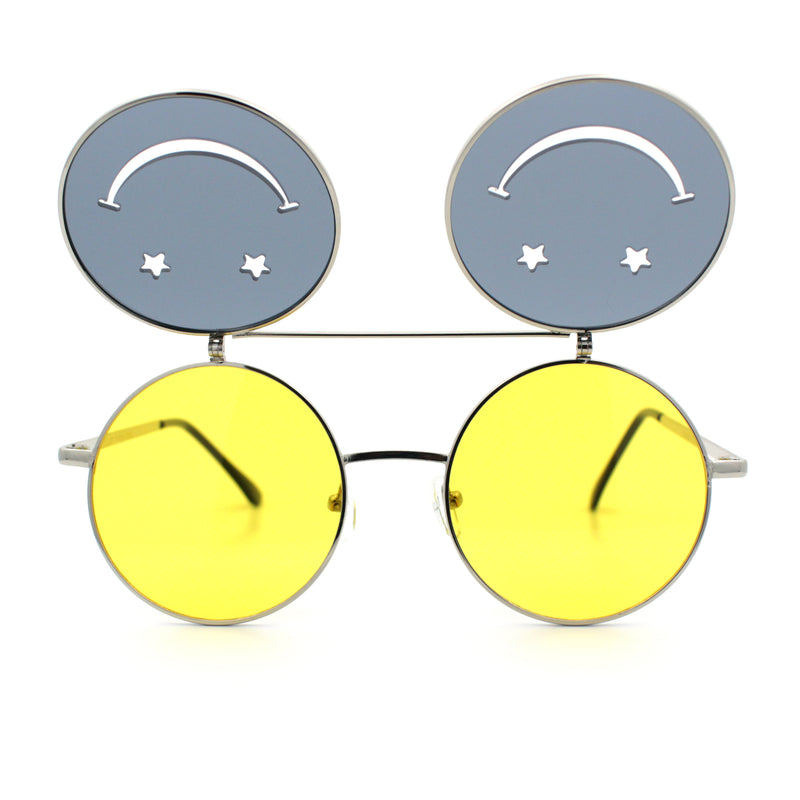Retro Smiley Face Double Flip Up Round Circle Lens Hippie Sunglasses