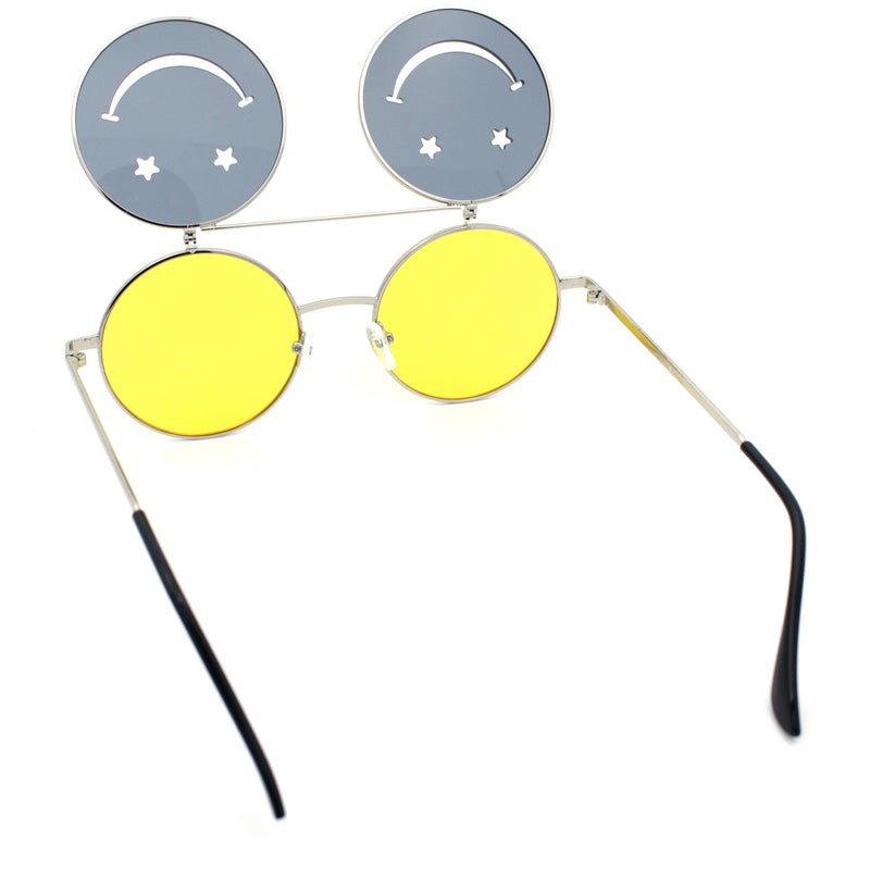 Retro Smiley Face Double Flip Up Round Circle Lens Hippie Sunglasses