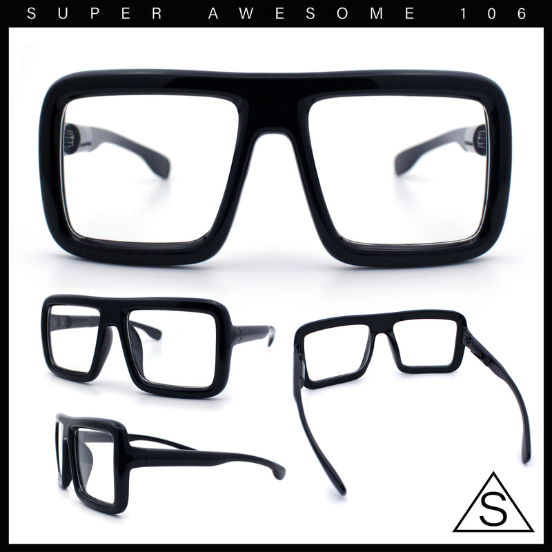 Geeky Bubble Frame Nerdy Thick Flat Top Oversized Rectangle Plastic Sunglasses
