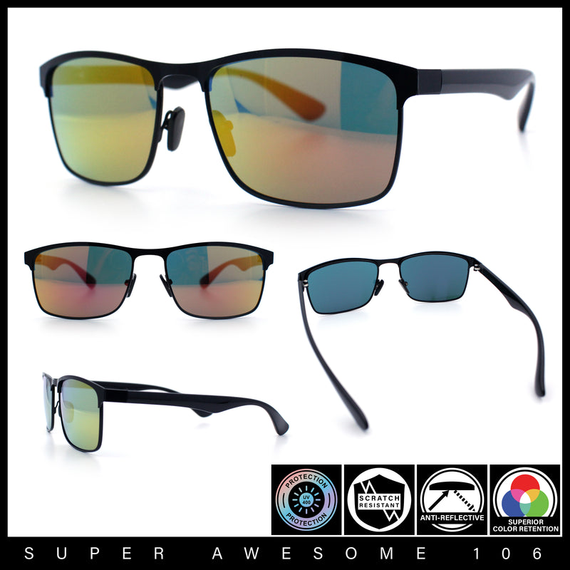Mens Metal Rim Rectangle Sporty Plastic Temple Classy Manly Sunglasses