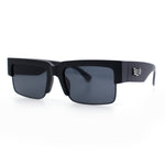 Locs Mens Thick Temple Half Rim Squared Rectangle Gangster All Black Sunglasses