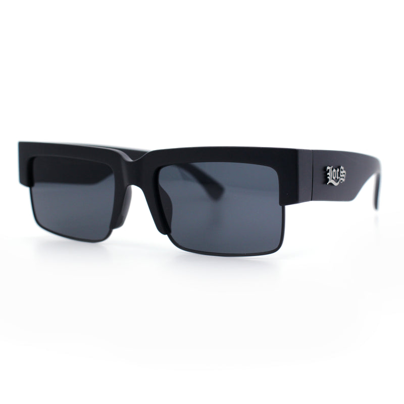 Locs Mens Thick Temple Half Rim Squared Rectangle Gangster All Black Sunglasses