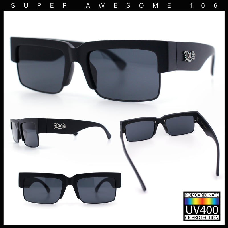 Locs Mens Thick Temple Half Rim Squared Rectangle Gangster All Black Sunglasses
