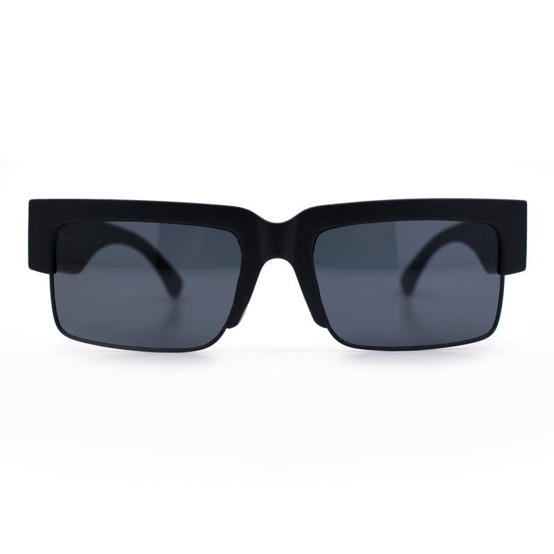 Locs Mens Thick Temple Half Rim Squared Rectangle Gangster All Black Sunglasses