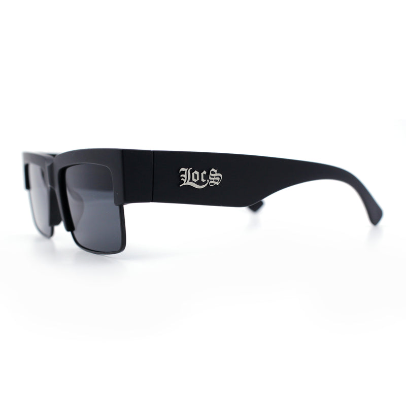 Locs Mens Thick Temple Half Rim Squared Rectangle Gangster All Black Sunglasses