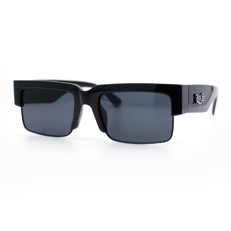 Locs Mens Thick Temple Half Rim Squared Rectangle Gangster All Black Sunglasses
