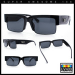 Locs Mens Thick Temple Half Rim Squared Rectangle Gangster All Black Sunglasses