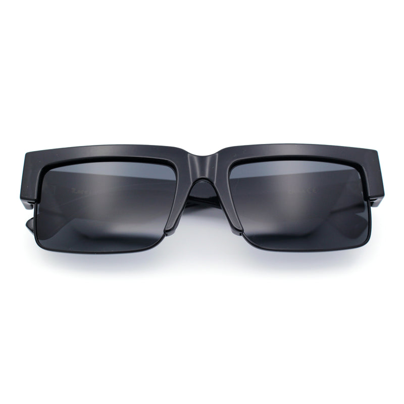Locs Mens Thick Temple Half Rim Squared Rectangle Gangster All Black Sunglasses