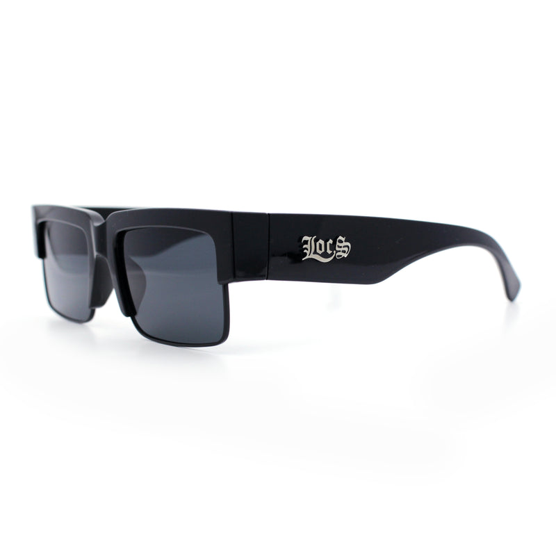 Locs Mens Thick Temple Half Rim Squared Rectangle Gangster All Black Sunglasses