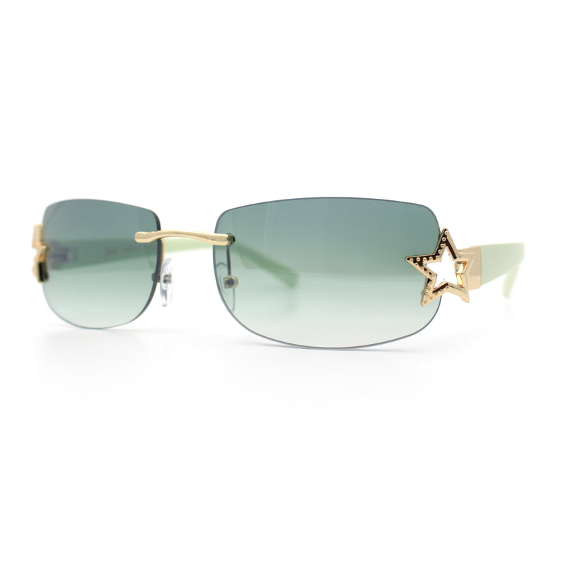 Womens Rimless Star Rhinestone Jewel Rectangle Wrap Fancy Sunglasses