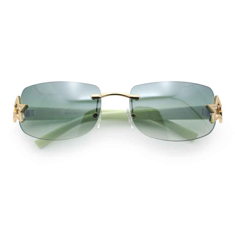 Womens Rimless Star Rhinestone Jewel Rectangle Wrap Fancy Sunglasses