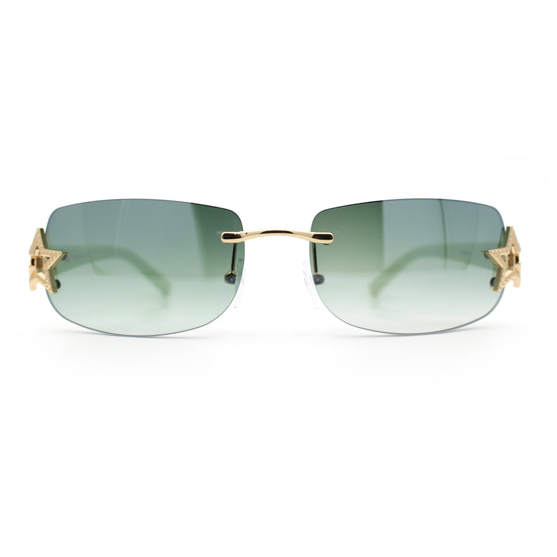 Womens Rimless Star Rhinestone Jewel Rectangle Wrap Fancy Sunglasses