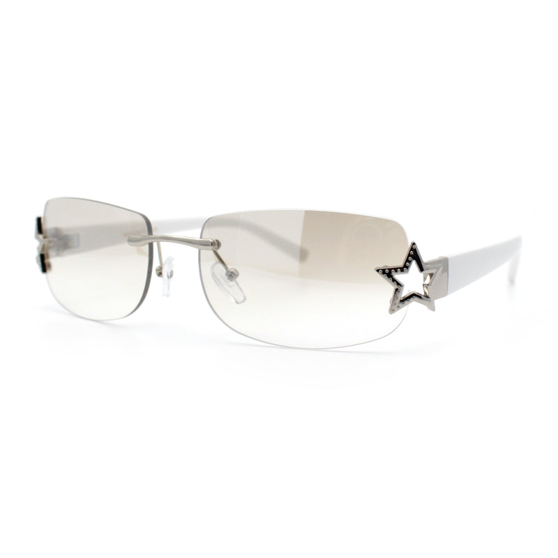 Womens Rimless Star Rhinestone Jewel Rectangle Wrap Fancy Sunglasses