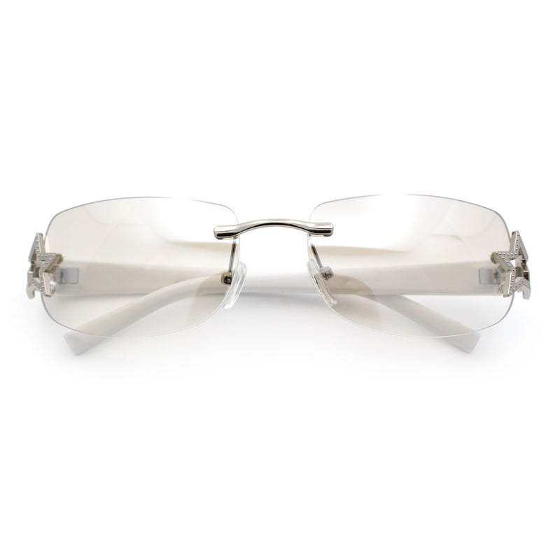 Womens Rimless Star Rhinestone Jewel Rectangle Wrap Fancy Sunglasses