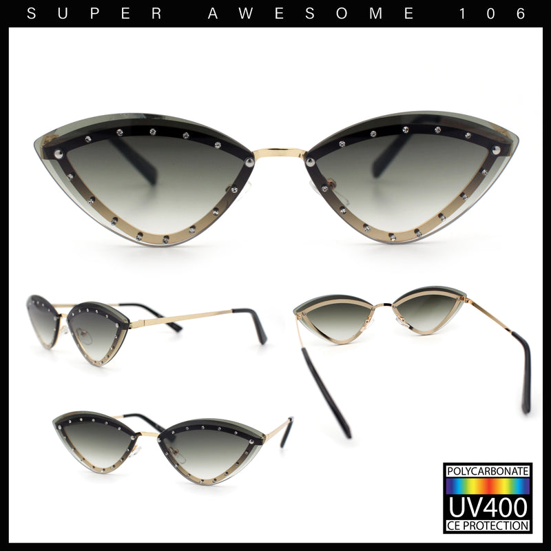 Womens Rhinestone Jewel Trim Cat Eye Luxury Rimless Bling Sunglasses