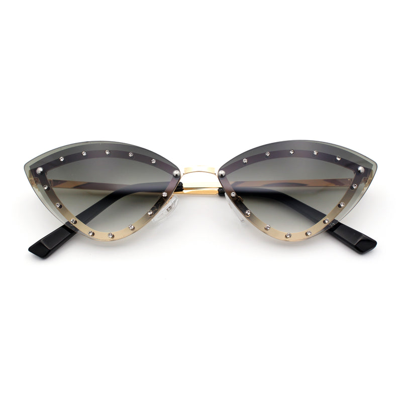 Womens Rhinestone Jewel Trim Cat Eye Luxury Rimless Bling Sunglasses