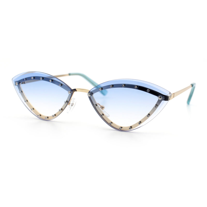 Womens Rhinestone Jewel Trim Cat Eye Luxury Rimless Bling Sunglasses