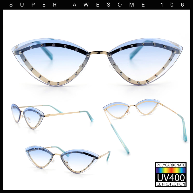 Womens Rhinestone Jewel Trim Cat Eye Luxury Rimless Bling Sunglasses