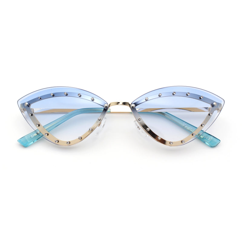 Womens Rhinestone Jewel Trim Cat Eye Luxury Rimless Bling Sunglasses