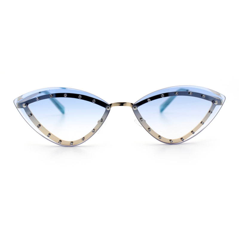 Womens Rhinestone Jewel Trim Cat Eye Luxury Rimless Bling Sunglasses