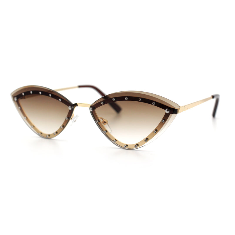 Womens Rhinestone Jewel Trim Cat Eye Luxury Rimless Bling Sunglasses