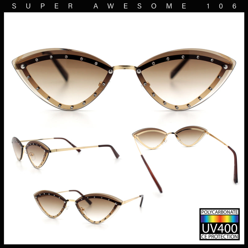 Womens Rhinestone Jewel Trim Cat Eye Luxury Rimless Bling Sunglasses