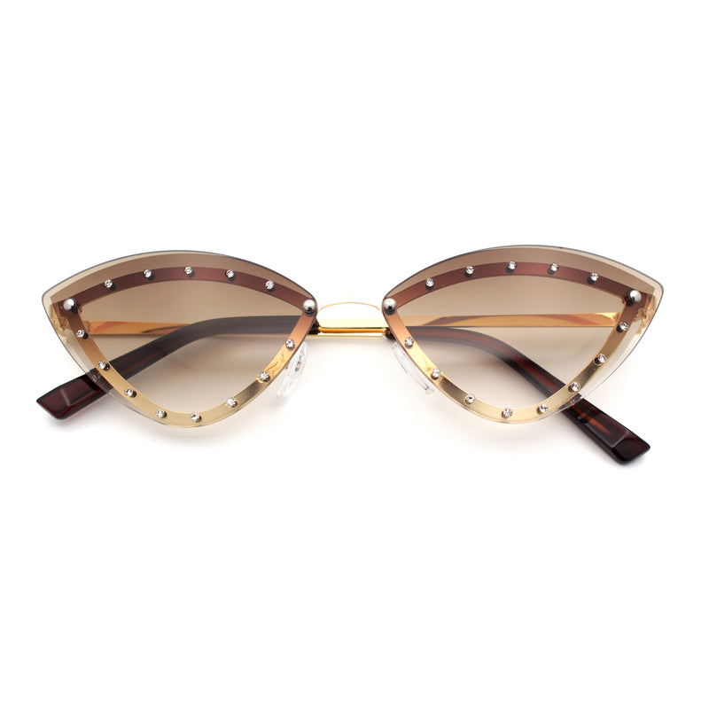 Womens Rhinestone Jewel Trim Cat Eye Luxury Rimless Bling Sunglasses