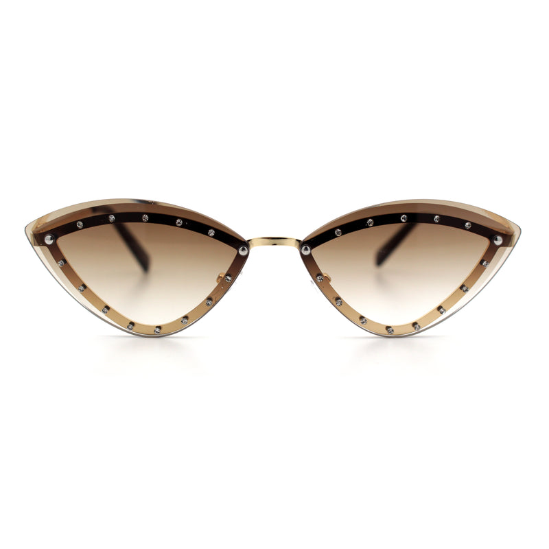 Womens Rhinestone Jewel Trim Cat Eye Luxury Rimless Bling Sunglasses