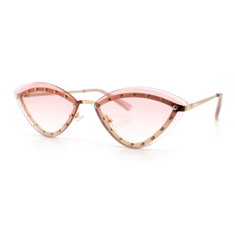 Womens Rhinestone Jewel Trim Cat Eye Luxury Rimless Bling Sunglasses