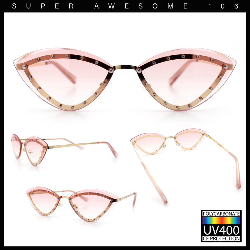 Womens Rhinestone Jewel Trim Cat Eye Luxury Rimless Bling Sunglasses
