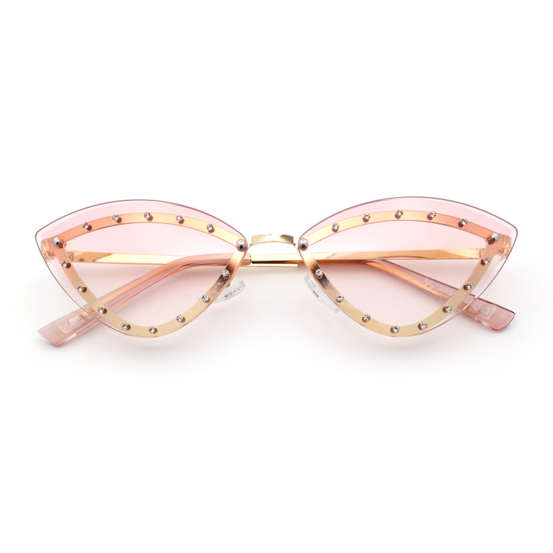 Womens Rhinestone Jewel Trim Cat Eye Luxury Rimless Bling Sunglasses