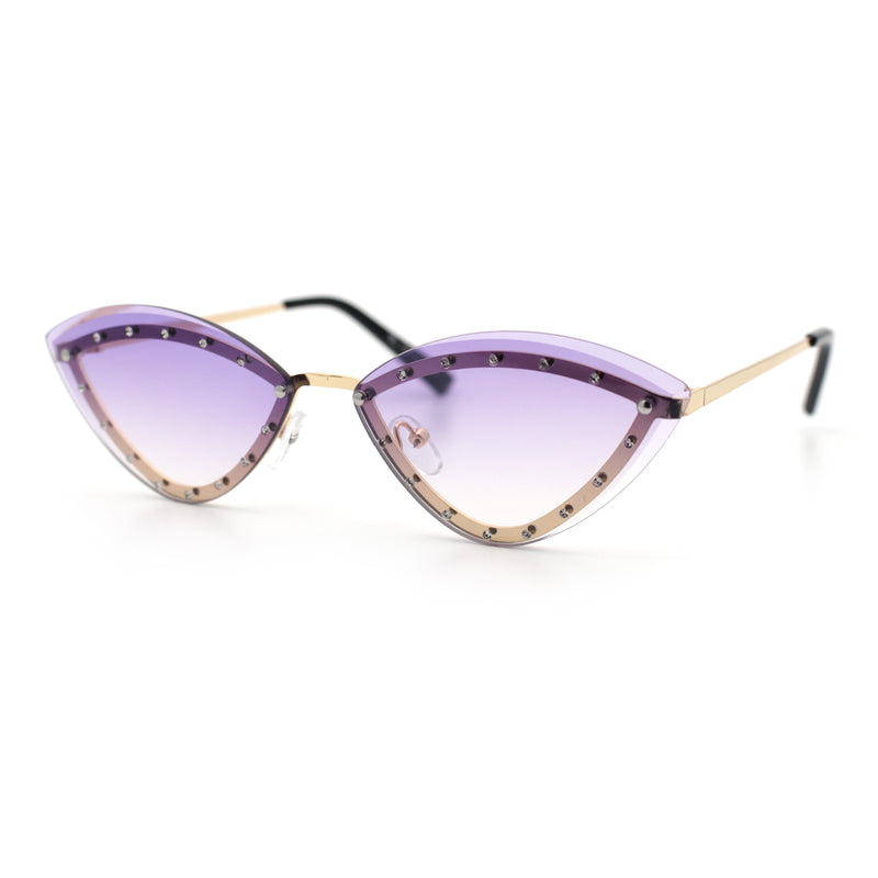 Womens Rhinestone Jewel Trim Cat Eye Luxury Rimless Bling Sunglasses