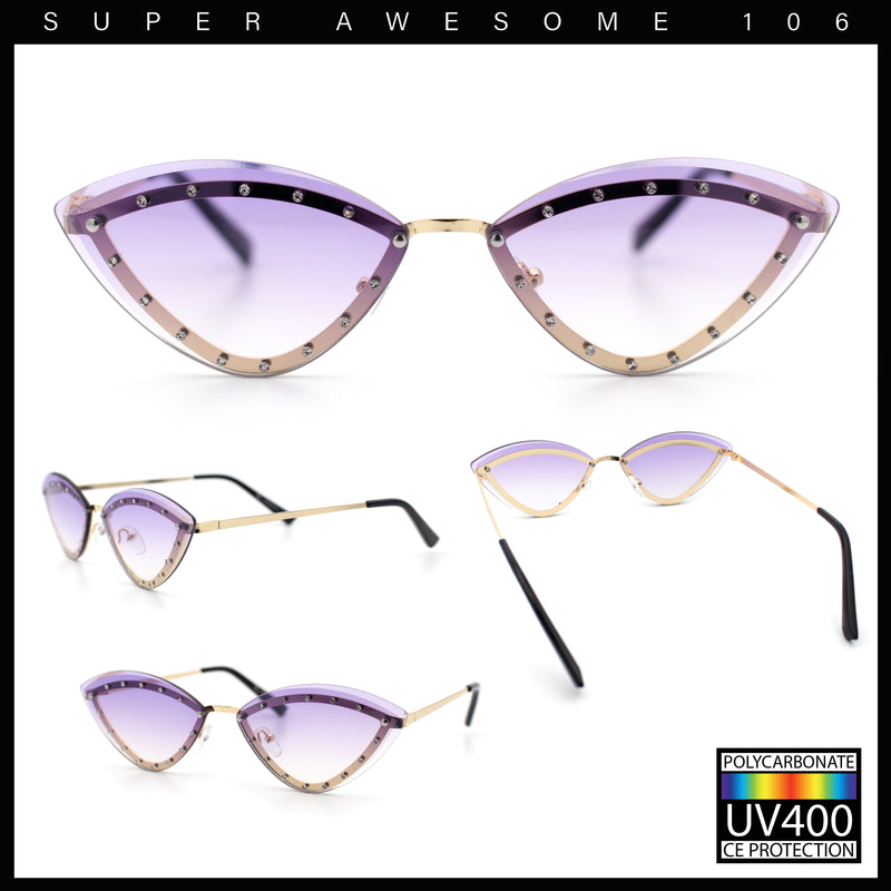 Womens Rhinestone Jewel Trim Cat Eye Luxury Rimless Bling Sunglasses