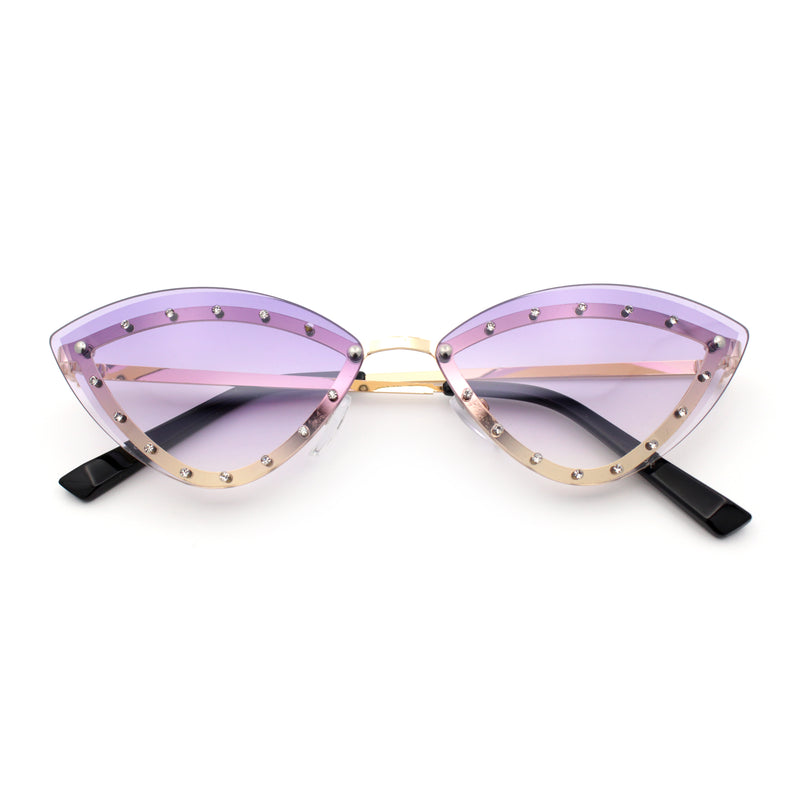 Womens Rhinestone Jewel Trim Cat Eye Luxury Rimless Bling Sunglasses