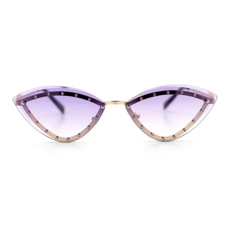 Womens Rhinestone Jewel Trim Cat Eye Luxury Rimless Bling Sunglasses