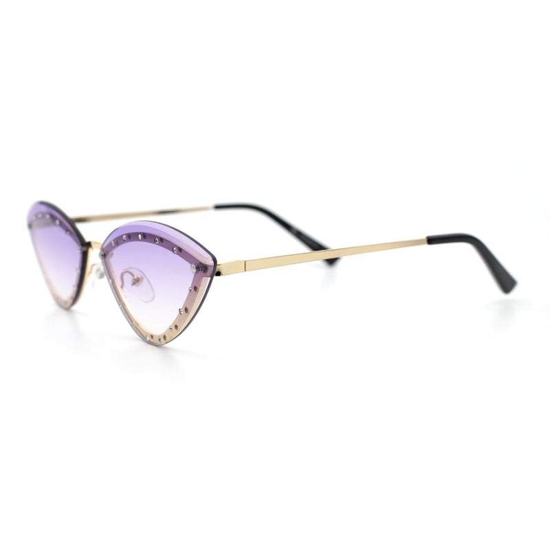 Womens Rhinestone Jewel Trim Cat Eye Luxury Rimless Bling Sunglasses