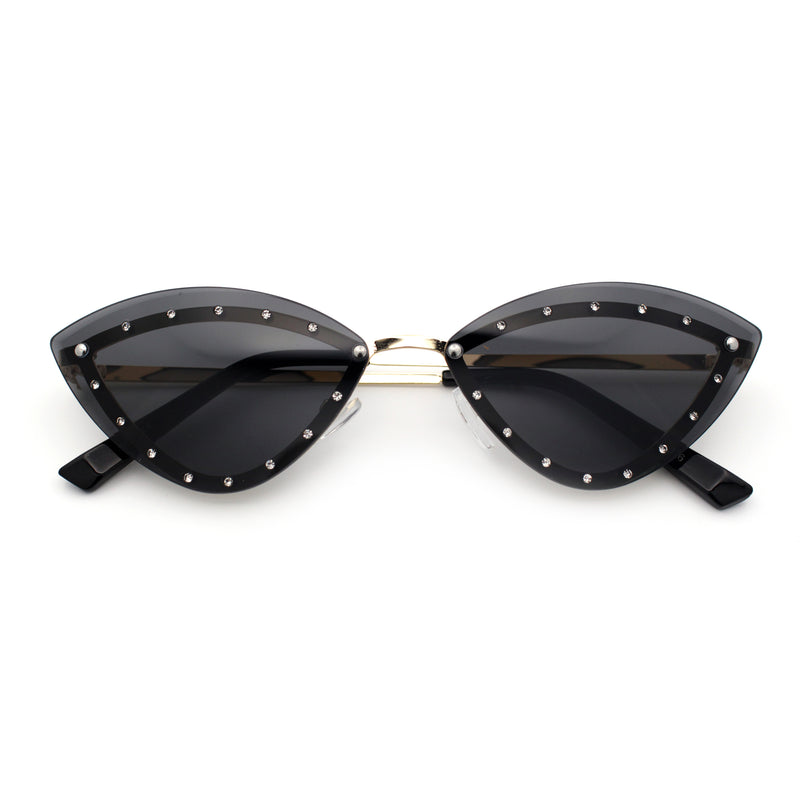 Womens Rhinestone Jewel Trim Cat Eye Luxury Rimless Bling Sunglasses