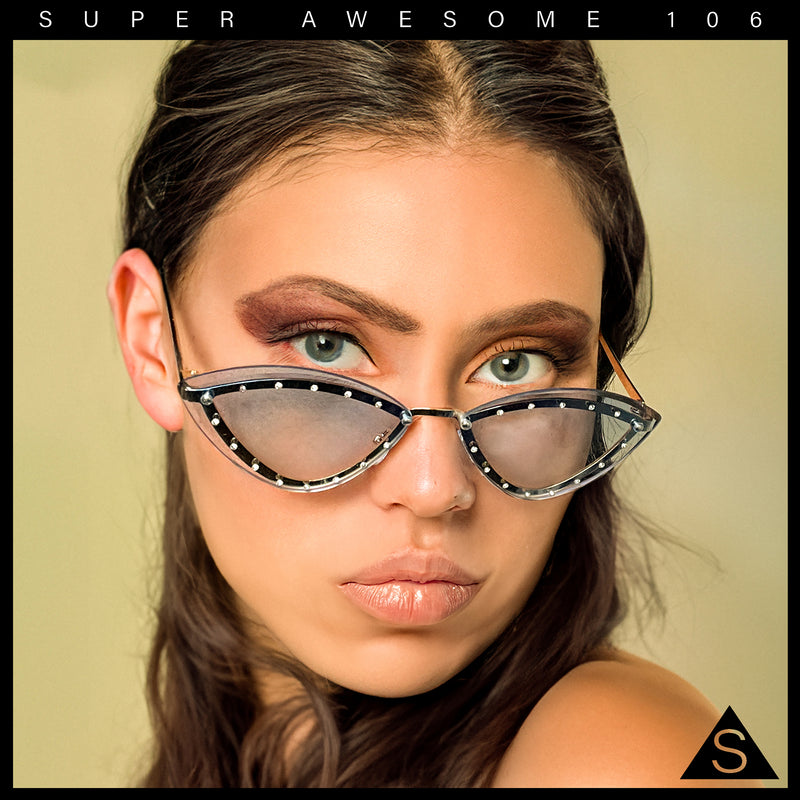 Womens Rhinestone Jewel Trim Cat Eye Luxury Rimless Bling Sunglasses