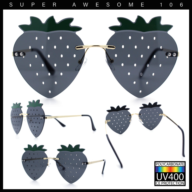 Womens Funky Strawberry Heart Shape Rimless Lolita Metal Frame Sunglasses