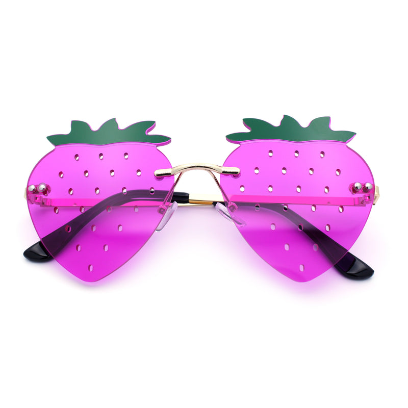 Womens Funky Strawberry Heart Shape Rimless Lolita Metal Frame Sunglasses